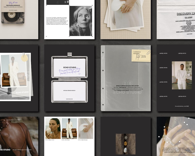Puede incluir: Una colecci&oacute;n de materiales promocionales y maquetas de dise&ntilde;o, que incluyen una cinta de cassette, un retrato de mujer y una carpeta transparente con texto. Los materiales est&aacute;n dispuestos sobre una superficie oscura, con el texto "ECHO STUDIO" visible.