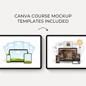 May include: Mockup of a Canva course template displayed on a computer screen, tablet, and phone. The template features a woman in a yoga pose with the text "Ready to launch your profitable course in 90 days?" The mockup also includes a variety of other course materials, such as a checklist, a workbook, and a welcome guide.