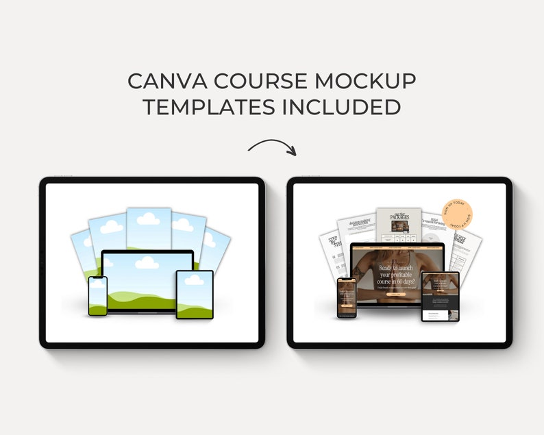 May include: Mockup of a Canva course template displayed on a computer screen, tablet, and phone. The template features a woman in a yoga pose with the text "Ready to launch your profitable course in 90 days?" The mockup also includes a variety of other course materials, such as a checklist, a workbook, and a welcome guide.