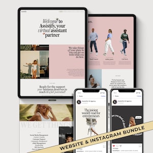Pode incluir: Um pacote de marketing digital exibido em um tablet, telefone e outro tablet. As telas mostram conteúdo de sites e Instagram com o texto "Assistify, your virtual assistant partner" e "WEBSITE & INSTAGRAM BUNDLE".