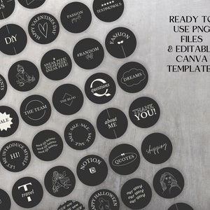 May include: A set of 25 black and white circle social media graphics with various text and designs. The graphics include text such as "sale", "the team", "questions", "dreams", "thank you", "about me", "notion", "quotes", "shipping", "happy halloween", "out work our work our work", "future plans", "we love our clients", "introduce myself hi", "4 you", "t travel", "new new new", "sneak peek sneak peek sneak peek", "#random stuff", "fashion", "***** testimonials", "passion projects", "diy", "happy valentines day", "with ns", "laughing".