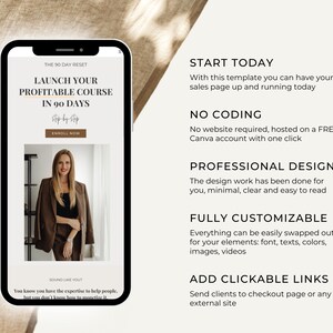 Op de afbeelding: Een telefoonscherm met een website-sjabloon voor het lanceren van een winstgevende online cursus in 90 dagen. De sjabloon toont een vrouw in een bruin blazer, de tekst "Lanceer je winstgevende cursus in 90 dagen" en een call-to-action om je nu in te schrijven. De website-sjabloon is ontworpen om volledig aanpasbaar te zijn en bevat klikbare links.