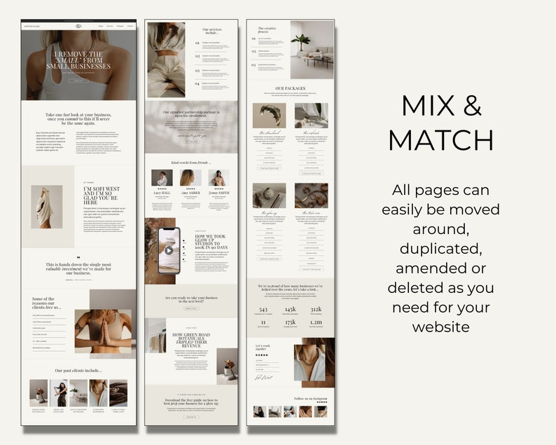 May include: Three screenshots of a website for a business offering services to help small businesses. The first screenshot shows the text "I remove the small from small businesses". The second screenshot shows a video player with the text "How we took our clients from $10k to $100k in every month". The third screenshot shows a table with the text "Our Packages" and numbers like 543k, 141k, 311k, 17k, and 1.1m.