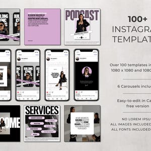 May include: A collection of 100+ Instagram templates in two sizes, 1080 x 1080 and 1080 x 1350 pixels. The templates are easy to edit in Canva's free version. The text on the image reads "100+ Instagram Templates", "Over 100 templates in 2 sizes 1080 x 1080 and 1080 x 1350", "6 Carousels included", "Easy-to-edit in Canva free version", "NO LOREM IPSUM", "ALL IMAGES INCLUDED & FREE", "ALL FONTS INCLUDED & FREE".