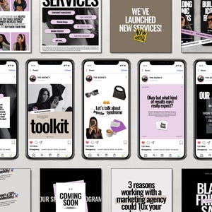 May include: A collage of social media posts promoting a marketing agency's services. The posts feature a variety of images and text, including a toolkit, a quote about imposter syndrome, and a case study. The agency's logo is a black circle with a white smiley face. The text "The Agency" is written in white on a black background.
