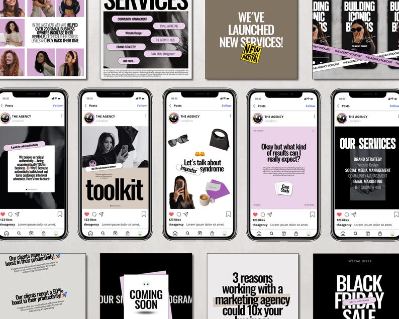 May include: A collage of social media posts promoting a marketing agency's services. The posts feature a variety of images and text, including a toolkit, a quote about imposter syndrome, and a case study. The agency's logo is a black circle with a white smiley face. The text "The Agency" is written in white on a black background.