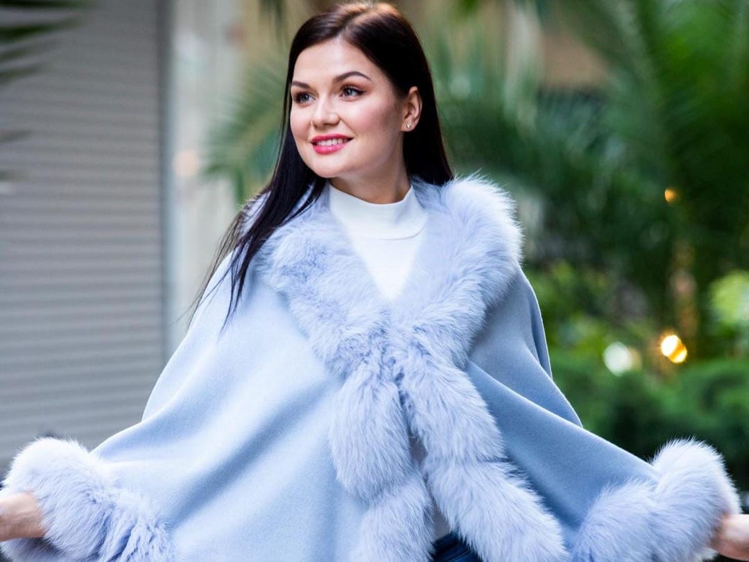 Blue Cashmere Cape With Fox Fur Trim - One Size - Etsy