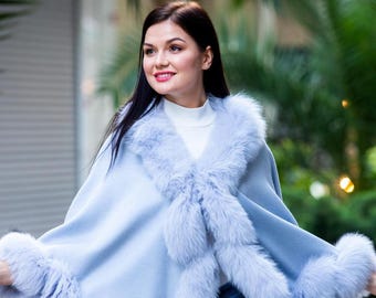 Blue Cashmere Cape With Fox Fur Trim - One Size - Etsy