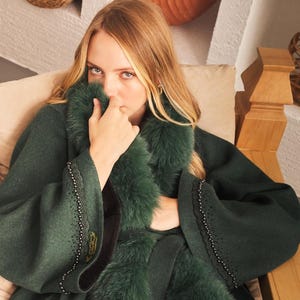 Winter Jacket-  Elegant Green Alpaca Wool Coat: Fox Fur Trim & Embroidered Sleeves