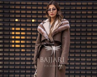 REX in Chinchila Color Fur Coat With Fox Collar!brand New Real