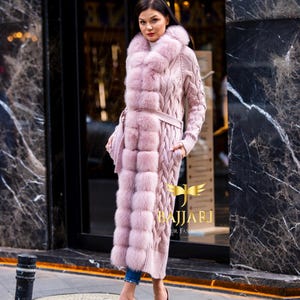 Real Fox Fur Knit Overcoat: Long Hooded Jacket, Pink Knitwear