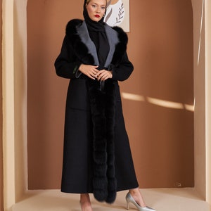 Winter Jacket, Alpaca Wool Coat with Real Fox Fur Collar - Double Sided