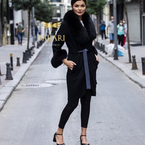 Winter Jacket-  Alpaca Wool Coat: Black Fox Fur Trim, Handmade Jacket