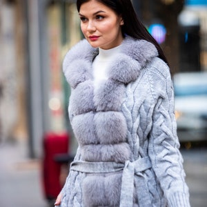 BAJJARI FUR FASHION Real fox fur long knitwear women/ Grey colour /fox fur jacket/ Standard size / length size 120 cm/ Gift For Women