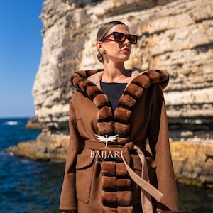Reversible Alpaca Fabric Hooded Model with Rabbit Fur and Belt/Alpaca Brown Rex Fur Jacket/Short Model Rex Fur Jacket/Grace Modern Rex Coat