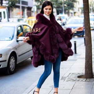 Real Fox Fur Cape Model/ One Size Fits All / Bordaeux Colour Stylish Cashmere Cape Fox Fur Trimmed, Cloak For Women, Cape With Fox/ Outwear