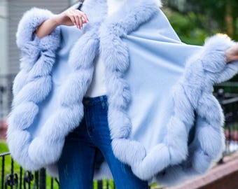 Blue Cashmere Cape With Fox Fur Trim - One Size - Etsy