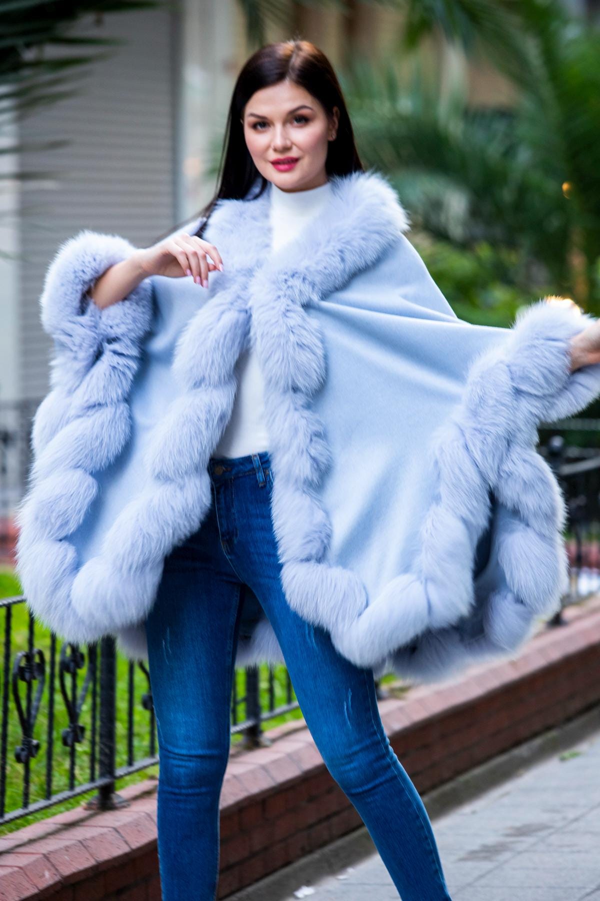 Blue Cashmere Cape With Fox Fur Trim - One Size - Etsy