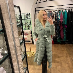 Real Fox Fur Long Knitwear/Green Fox Fur Luxury Women Knitwear/Dress/Fox Fur Knitwear jacket/Real Fox Fur/Standard size/Length size 120 cm