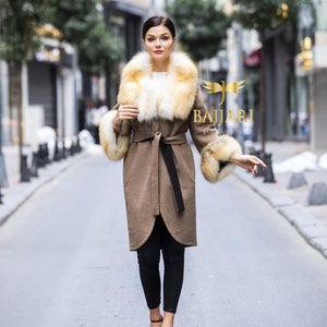 Winter Jacket-  Alpaca Wool Coat with Frost Fox Fur Trim - Brown Luxury Jacket