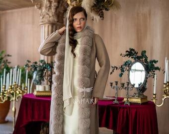 Elegant Alpaca Fox-Embroidered Jacket | Real Fox Fur Collar and Front Detail