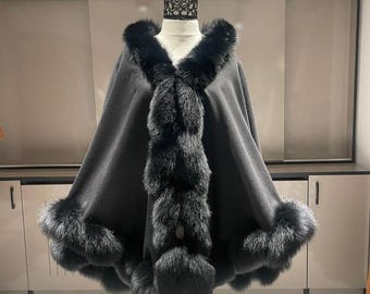 Cashmere Cape with Fox Fur Trim - Black Poncho - One Size