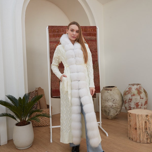BAJJARI FUR FASHION/Long dress/Real fox fur long knitwear /White colour / fox fur jacket/ Standard size/ length size 120 cm/ Gift For Women