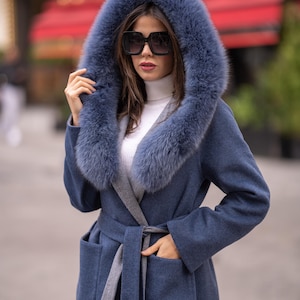 Winter Jacket-  Alpaca Wool Coat with Real Fox Fur Collar - Double Sided