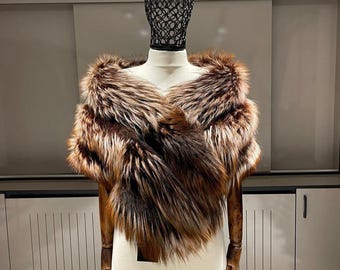 Chal de piel de zorro auténtica de Argentina: chal de invierno de tres capas en marrón oscuro para mujer.