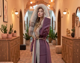 Luxury Double Sided Full Length Blue Fox Coat With Fur Belt Huge