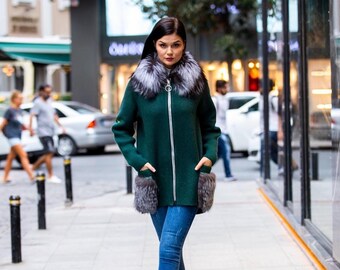 Real Fox Fur Jacket: Green Frost Fox Luxury Coat