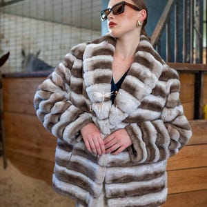 Real Rabbit Rex Fur Jacket/Brown Rex Coat/ Luxury Original Rabbit Fur Coat/ Elegance and Sophistication in a Rabbit Fur Shawl Collar Design