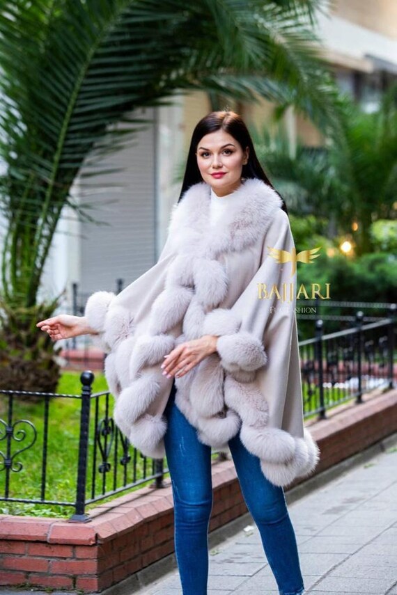 Blue Cashmere Cape With Fox Fur Trim - One Size - Etsy