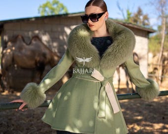 ブルーフォックスファートリムのアルパカウールコート：レディース