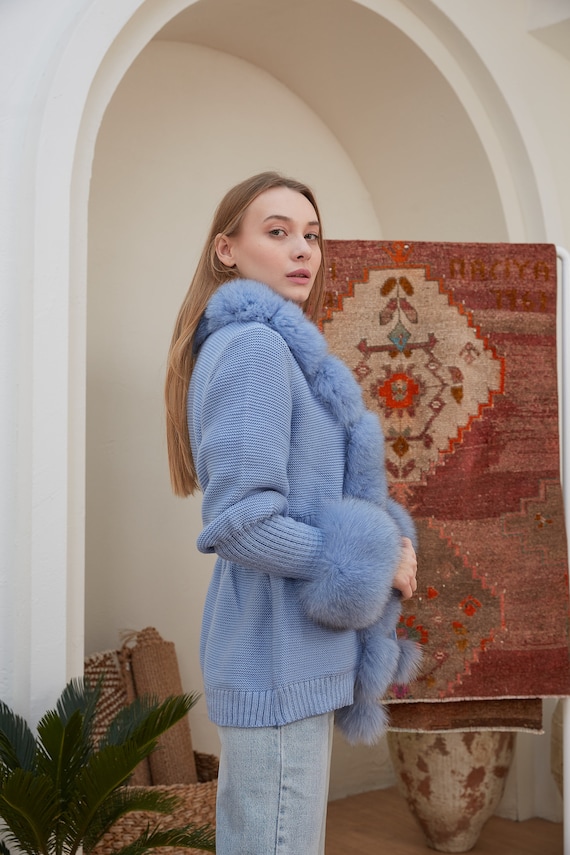 BAJJARI FUR FASHION Real Fox Knitwear Womens Baby Blue knitwear light Blue turquoise Blue Fox and Fur Jacket Fur Coat standard Size Etsy
