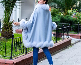 Blue Cashmere Cape With Fox Fur Trim - One Size - Etsy