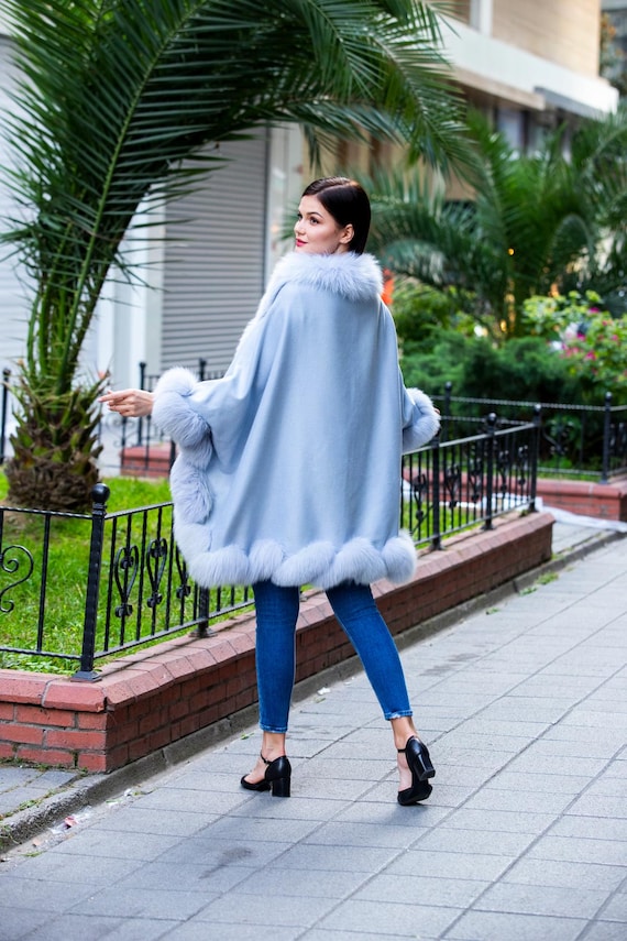 Blue Cashmere Cape With Fox Fur Trim - One Size - Etsy