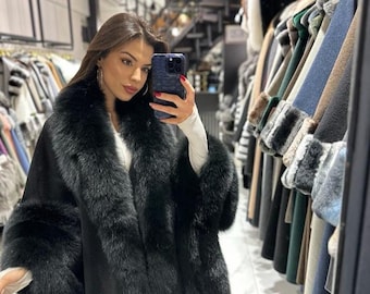 Poncho de cachemira con ribete de piel de zorro - Capa de invierno negra