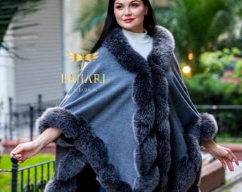 Blue Cashmere Cape With Fox Fur Trim - One Size - Etsy