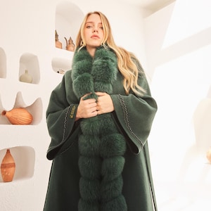 Winter Jacket-  Elegant Green Alpaca Wool Coat: Fox Fur Trim & Embroidered Sleeves