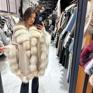 Real Frost Fur Cape Model/ One Size Fits All / Beige Colour Stylish Cashmere Cape Frost Fur Trimmed, Cape With Real Frost Fur/ Fox Fur