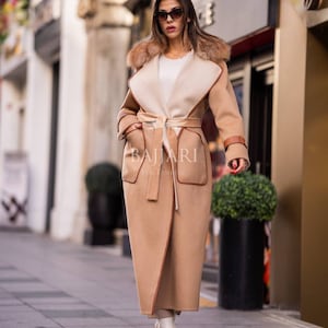 Brown Fox Fur Jacket: Zibellino Wool, Leather Belt - Handmade