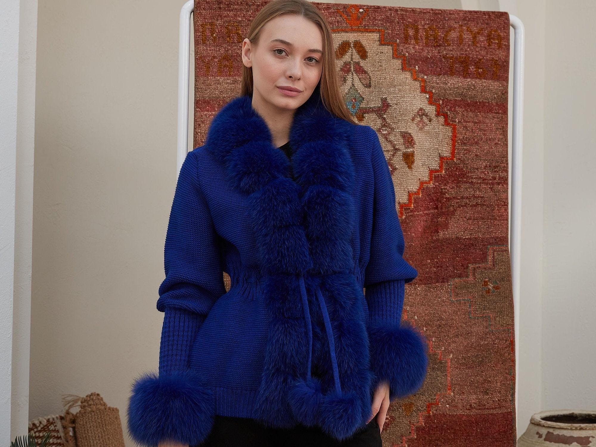 beauty:beast ネイビーウールコート 青いファー付き Blue Fox Fur Knitwear Jacket - Women's Fashion - Etsy Israel