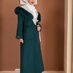 Alpaca Wool Coat with Real Fox Fur Collar - Double Sided