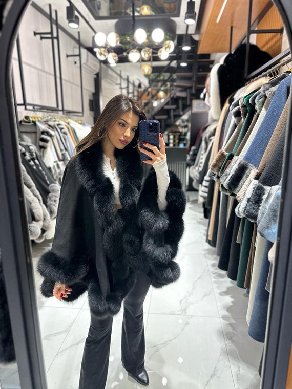 sheller FOX fur cape coat BLACK