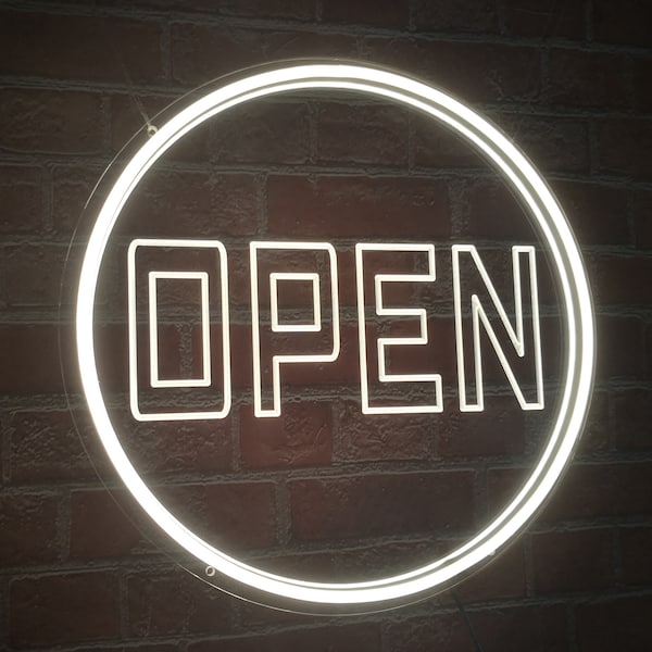 Neon Open Signs for Business Door Window, Dimmable USB Powered 12” Round Neon Open LED Signs for Coffee Bar, Retail Store, Shop Window Décor