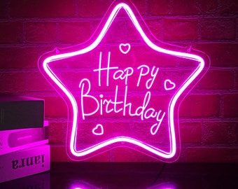 Enseigne néon Star Happy Birthday, enseigne lumineuse LED néon joyeux anniversaire pour décoration de toile de fond d'anniversaire, cadeaux d'anniversaire pour enfants femmes