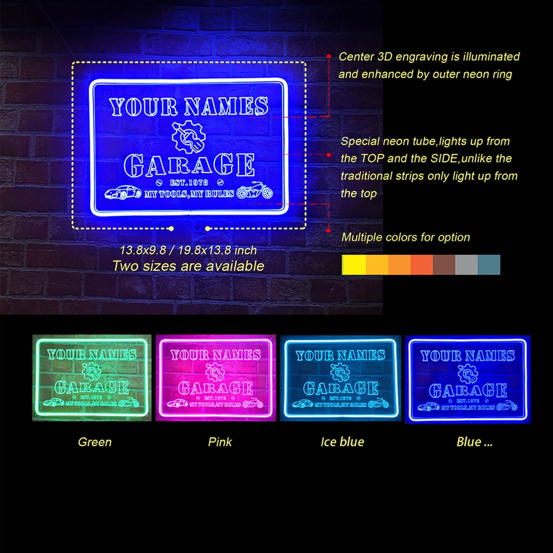 Personalized Neon Garage Signs, Custom Name Garage LED Light up Neon