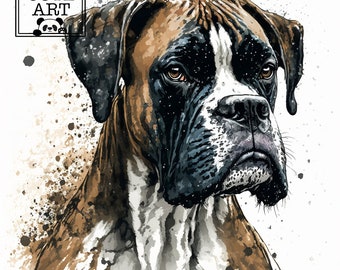 Watercolor portrait of a dog, Dog Boxer Watercolor  clipart, portrait Dog Boxer JPG, dog portrait , black and white portrait dog