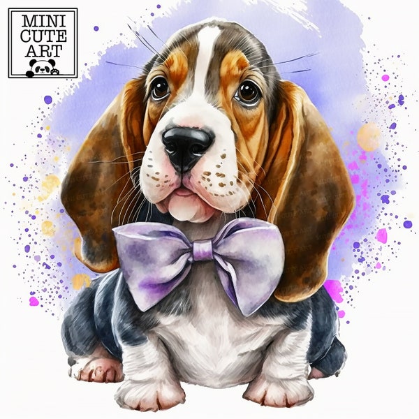 Basset Hound Watercolor animal clipart, Watercolor portrait of a dog,  portrait dog JPG,  Basset Hound clip art, dog with bow tie